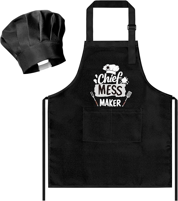 R HORSE Kid Apron and Chef Hat Set - 2Pcs Black Chief Mess Maker Adjustable Children Kitchen Toddler Apron with Pockets, Pretend Play Toy Birthday Christmas Gift for Kids Cooking Baking Painting