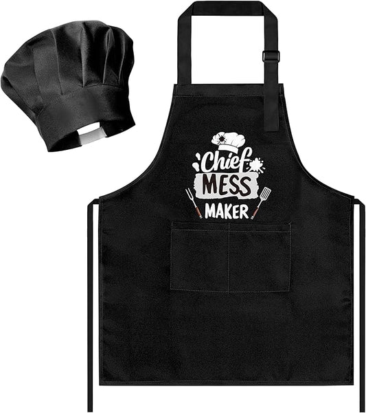 R HORSE Kid Apron and Chef Hat Set - 2Pcs Black Chief Mess Maker Adjustable Children Kitchen Toddler Apron with Pockets, Pretend Play Toy Birthday Christmas Gift for Kids Cooking Baking Painting