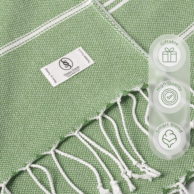 Ossano Turkish Beach Towel Absorbent & Quick Dry Oversized (39" x 71") - Decorative, Versatile and Functional as Yoga Mat, Picnic Blanket, Travel Blanket, Bath, Cruise, Gym Towel - Green
