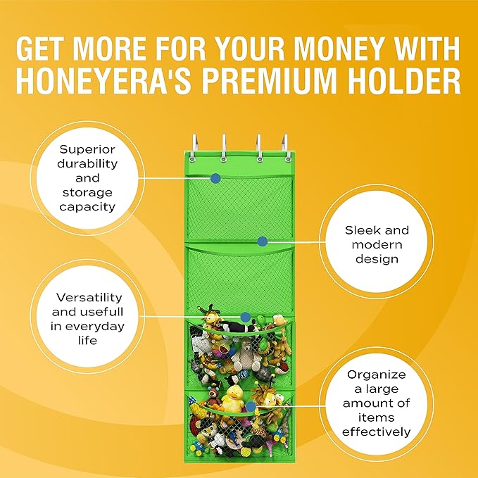 Honeyera Over Door Organizer for Stuffies, Baby Accessories, and Toy Plush Storage - Easy Installation with Breathable Hanging Storage Pockets (Green)