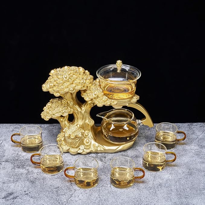 Zurucily Glass Teapot Set with Infuser Semi Automatic Tea Set Magic Teapot (Tree - golden)
