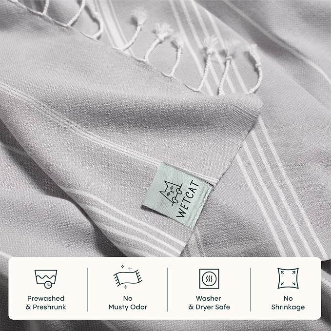 WETCAT Turkish Beach Towel Oversized (38"x71") 100% Turkish Cotton, Made in Turkey - Sand Free, Extra Large, Ultra Soft, Quick Drying, Compact & Lightweight for Travel - Light Grey