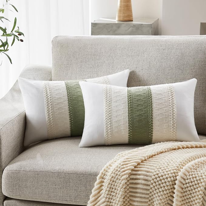 2pk Boho Pillow Covers 12x20, Natural White/Contrast/Green | 100% Organic Cotton Body, Stripe Embroidery, Farmhouse Decorative Cushion Covers for Sofa Bed Living Room Home Decor