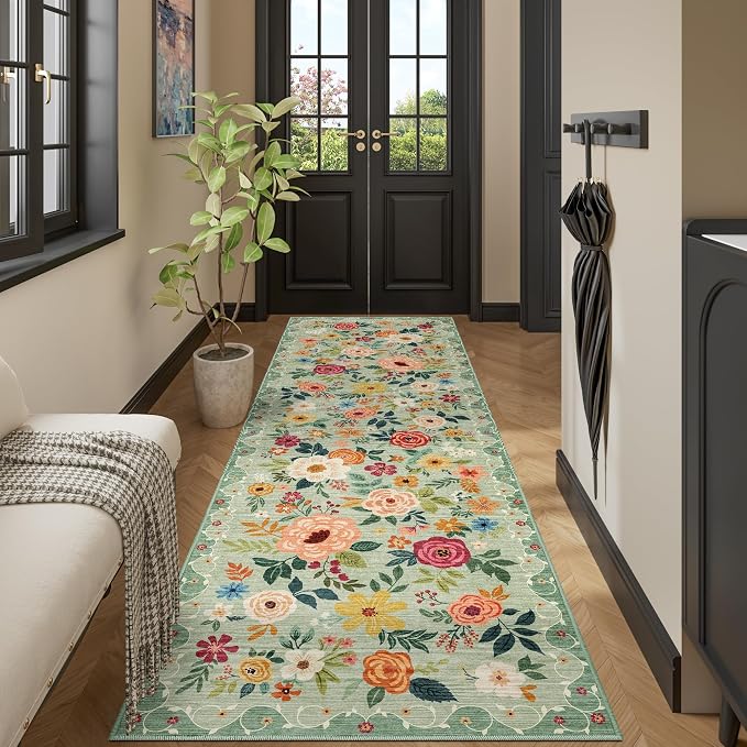 DUKINO 3x10 Runner Rug, Floral Washable Kitchen Runner Rug Non Slip, Green | Soft, Low Pile, Stain Resistant Indoor Rug Runner for Hallway, Entryway, Bedroom, Bathroom, Modern Home Decor, Pet Friendly