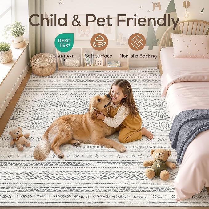 Nakagishi Area Rug Living Room Rugs: 10x12 Large Soft Machine Washable Boho Moroccan FarmNeutral Stain Resistant Indoor Floor Carpet for Bedroom Under Dining Table Home Office Decor-Grey