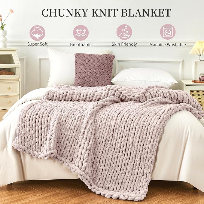 Chunky Knit Blanket Throw for Couch, 51"x63" Chunky Yarn Knitted Blankets | 100% Hand Knit Thick Chenille, Soft Breathable for Bed, Sofa, Home Decor, Cozy Gifts for Women Friends, Pink