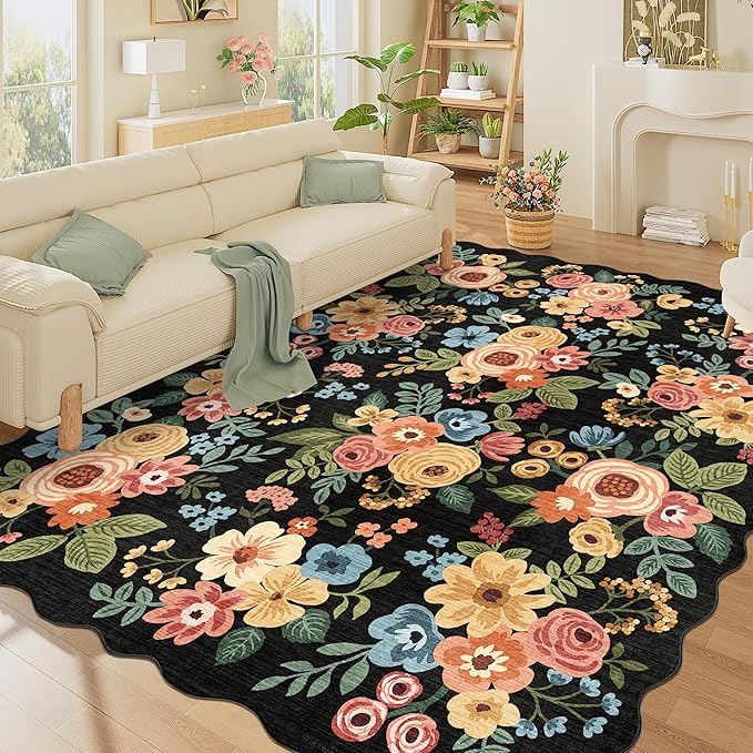 DUKINO 8x10 Area Rug for Living Room, Floral Washable Rug Non Slip, Black | Soft, Low Pile, Stain Resistant Throw Large Rug for Bedroom, Dining Room, Nursery, Kids Playroom, Pet Friendly, Home Decor