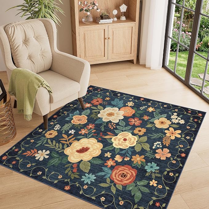 DUKINO 4x4 Square Area Rug, Floral Washable Rug for Entryway, Navy Blue | Soft, Low Pile, Floral Indoor Circle Rug for Bedroom, Kitchen, Nursery, Living Room, Pet Friendly, Home Decor, Lightweight