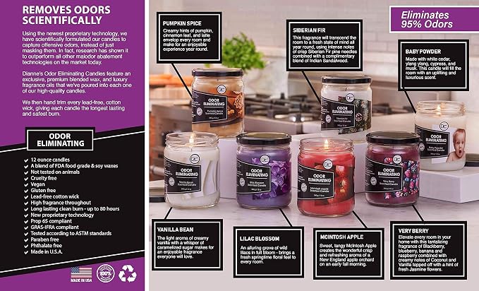 Baby Powder Odor Eliminating Highly Fragranced Candle - Eliminates 95% of Pet, Smoke, Food, and Other Smells Quickly - Up to 80 Hour Burn time - 12 Ounce Premium Soy Blend