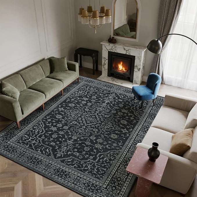 Washable Rugs 8x10 Area Rugs for Living Room,Bedroom,Dining Room- Soft Low Pile Stain-Resistant Carpet with Non-Slip Rubber Backing,Large Vintage Area Rug for Farmhouse Nursery Home Office Decor | Ultra Soft Low Pile Faux Wool,Non-Slip & Non-Shedding,S...