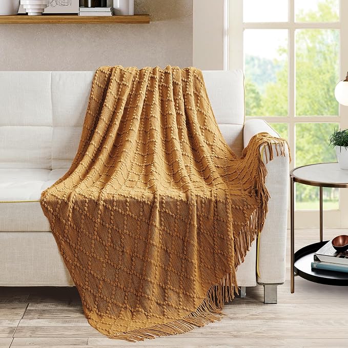 BOURINA Almond Throw Blanket 50 x70 Inch Jacquard Throw Knitted Blanket | Jacquard Argyle Throw Textured Solid Soft Throws and Blankets for Sofa or Bed Knitted Decorative Blanket