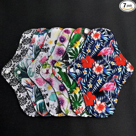 7PCS Pack Washable Cloth Pads Including 6PCS Heavy Flow Feminine Hygiene Bamboo Charcoal Cloth Mama Reusable Menstrual Pads Reusable Sanitary Napkins Pad + 1PC Mini Wet Bag