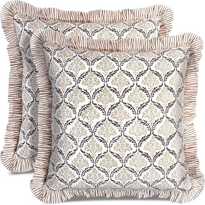 CPC Sandstone Regal Hand Block Print 100% Cotton Ruffle Throw Pillow Cover 24x24 inch with Hidden Zipper Decorative for Couch, Bed, Sofa, Farmhouse, Cottagecore Decor Gift Christmas Fall Thanksgiving