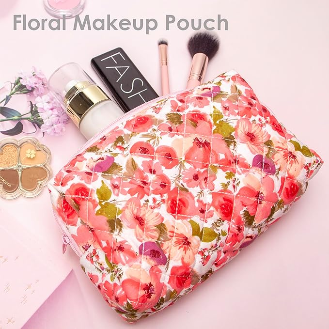 PAZIMIIK Small Quilted Makeup Bag,Zipper Cosmetic Pouch,Floral Red | Lightweight Cosmetic Bag Organizer for Women,Purse Storage Holds Makeup,Toiletries,Skincare,Beauty Essentials,Travel Items