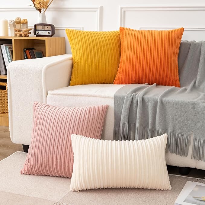 UGASA Fall Decorative Soft Velvet Stripe Pillow Covers Set of 2 Solid Corduroy Textured Euro Cushion Cases for Couch Bedroom Sofa Farmhouse, 24x24 Inch, Orange