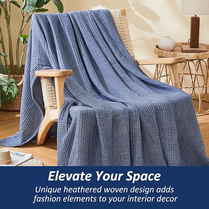 EMME Cotton Muslin Queen Blanket Bed Layering Bedspread Coverlet Breathable Gauze Soft Lightweight Adults (Heather Navy, 90"x90")