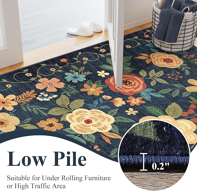 DUKINO 3x10 Runner Rug, Washable Kitchen Runner Rug Non Slip, Navy Blue | Soft, Low Pile, Floral Indoor Rug Runner for Hallway, Entryway, Bedroom, Bathroom, Home Decor, Pet Friendly, Stain Resistant