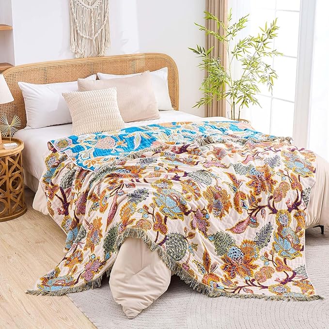 XIBLC Boho Throw Blanket for Bed, 100% Cotton Soft Rustic Quilt Fall Blanket, 80"x90" Floral Printed Farmhouse Decor Bed Blankets, All Season Rustic Reversible Bohemian Throw Quilt