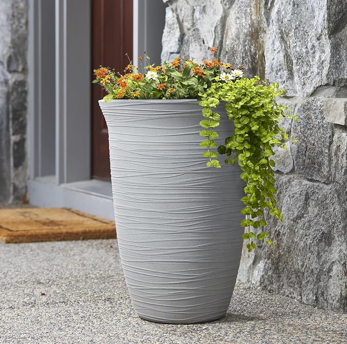 15 Inch Resin Vase, Cement Look Outdoor Indoor Planter, 14 Gallon Capacity with Drainage, Weather-Resistant for Patio, Porch, Trees