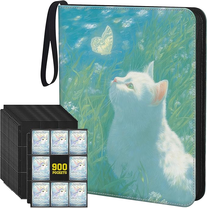 TCG Trading Card Binder, 900 Pockets, 3-Ring Zipper with 50 Double-Sided 9-Pocket Pages, Fits 2.5" x 3.5" Cards, Acid-Free PVC-Free PP Pages, PU Cover, White Cat & Butterfly Design