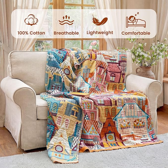 MSGKV Roman Castle Cotton Throw Blanket 50"x60" Art Woven Cotton Throw | Roman Castle Pattern, Muslin Throw, Art Woven Design, Lightweight Comfort, Decorative Home Accent, All Season Use