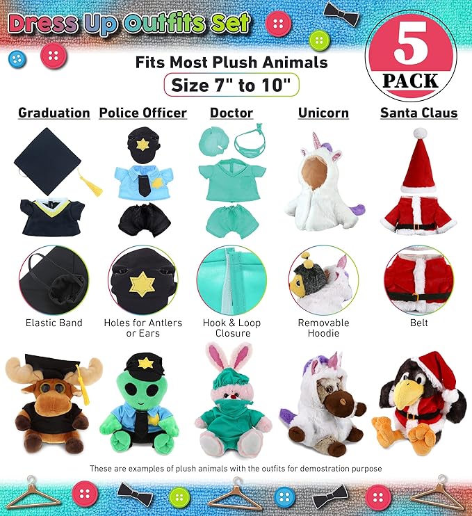 DolliBu Large Stuffed Animal Dress Up Set for Teddy Bear Toys - Costume Pack Has Unicorn, Santa Claus, Graduation Gown, Doctor Scrub Uniform, and Police Officer Clothes for Stuffed Animals - 5 Outfits