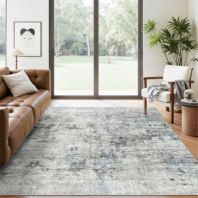 Soalmost Abstract Area Rug 6x9 for Living Room Washable Rugs Gray/Blue | Non-Slip Low-Pile Carpet for Dining Bedroom, Foldable Thin Vintage Stain Resistant Floor Mat Under Table Home Office Nursery