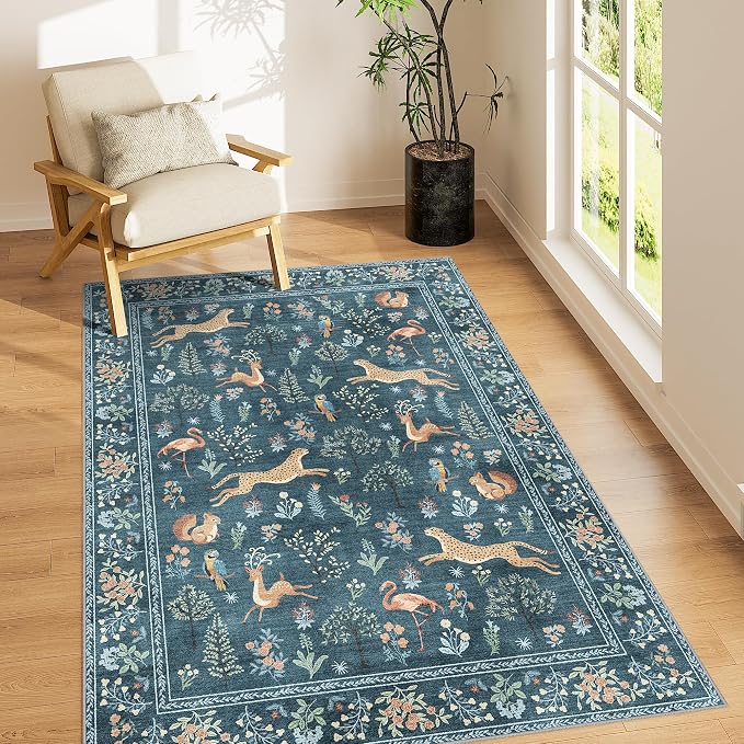 DUKINO 3x5 Rug, Washable Animal Area Rug for Bedroom Non Slip, Blue | Low Pile, Stain Resistant, Soft Indoor Carpet for Living Room, Kitchen, Dining Room, Nursery, Lightweight, Pet Friendly