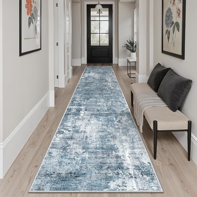 Soalmost Abstract Runner Rug 2x10 Hallway Kitchen Runners Blue/Grey | Stain Resistant Vintage Rugs for Bathroom Laundry Room, Low Pile Foldable Floor Carpet Mat for Entryway Corridor Bedroom