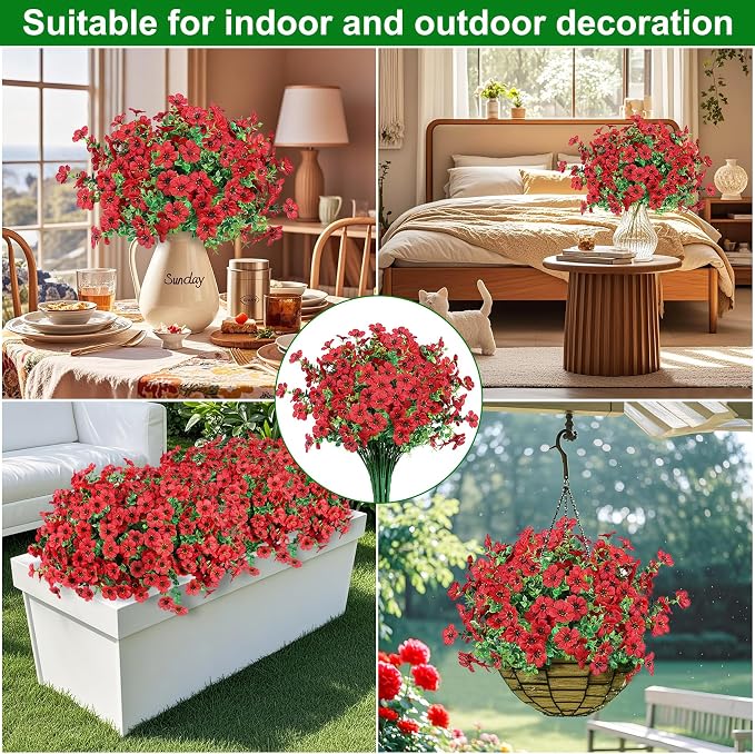 Ouddy Decor 12 Pcs Artificial Flowers for Outdoors Decorations, Red | Lifelike silk flowers, UV resistant, faux plastic plants, for garden porch window table vase home indoor outdoor decor