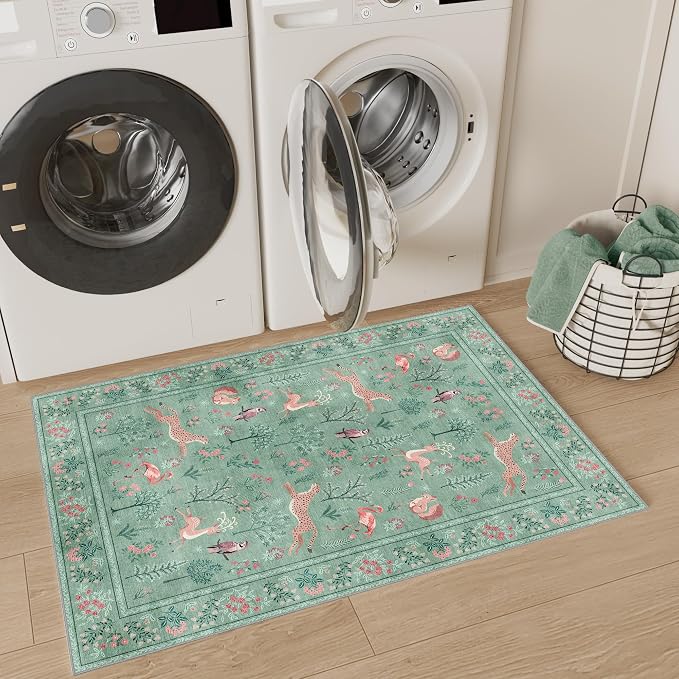 DUKINO 2x3 Entryway Rug, Washable Door Mat Animal Rug for Kitchen, Teal | Non Slip, Low Pile, Soft Indoor Small Rug for Entrance, Bedroom, Bathroom, Laundry, Pet Friendly, Lightweight, Non-Shedding