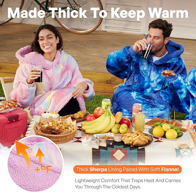 Giggling Getup Wearable Blanket Hoodie for Adults Gifts for Teen Girls Sister Women Sherpa Fleece Printed Hooded Blanket Sweatshirt Warm Cozy with Pocket & Sleeves Cotton Candy Tie Dye