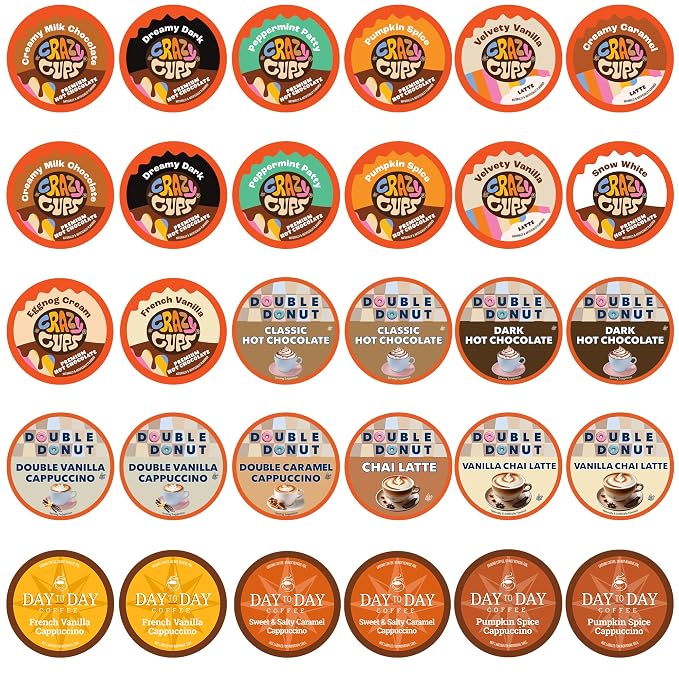 Hot Chocolate and Cappuccino Single Serve Cups, Variety Pack Sampler For Keurig K Cup Brewers, includes Hot Cocoa from Grove Square and Crazy Cups, 30 Count
