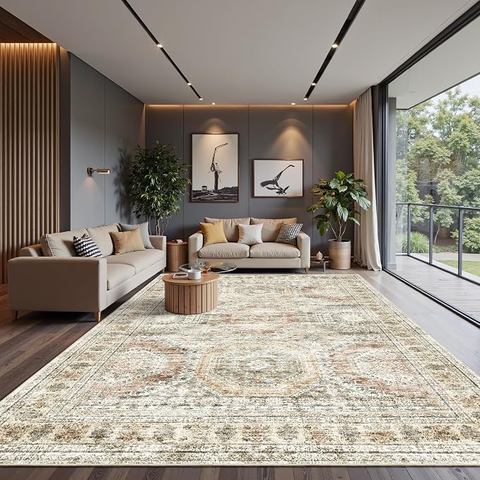 Soalmost 10x14 Area Rugs for Living Room Washable Rug Non-Slip Brown/Pink | Large Vintage Stain Resistant Carpet for Dining Bedroom, Low Pile Lightweight Foldable Floor Mat Nursery Home Office Decor