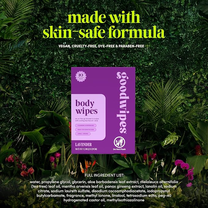 Goodwipes Body Wipes, Really Big for All Over, Made with Aloe, Plant Based and Hypoallergenic, Wipe Away Sweat and Odor, For Face and Body-Lavender, 10 Count