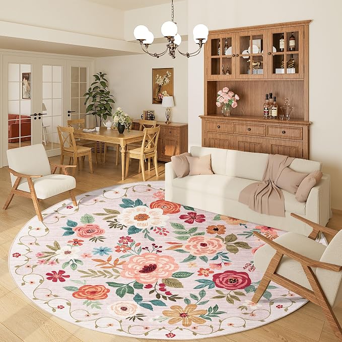 DUKINO 6ft Round Rug, Soft Washable Circle Rug for Bedroom Non Slip, Beige | Low Pile, Stain Resistant Indoor Rug for Living Room, Dining Room, Kids Room, Office, Pet Friendly, Home Decor, Non-Shedding
