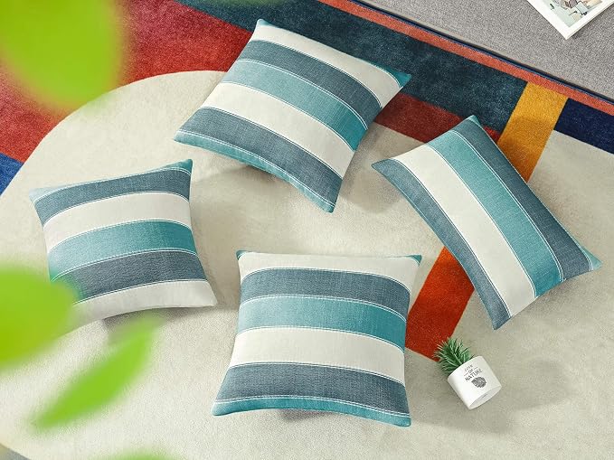 Pack of 2 Farmhouse Stripe Check Throw Pillow Covers Set Case Cotton Linen Decorative Pillowcases Cushion Cover for Couch Bench Sofa 22x22Inch Teal Blue