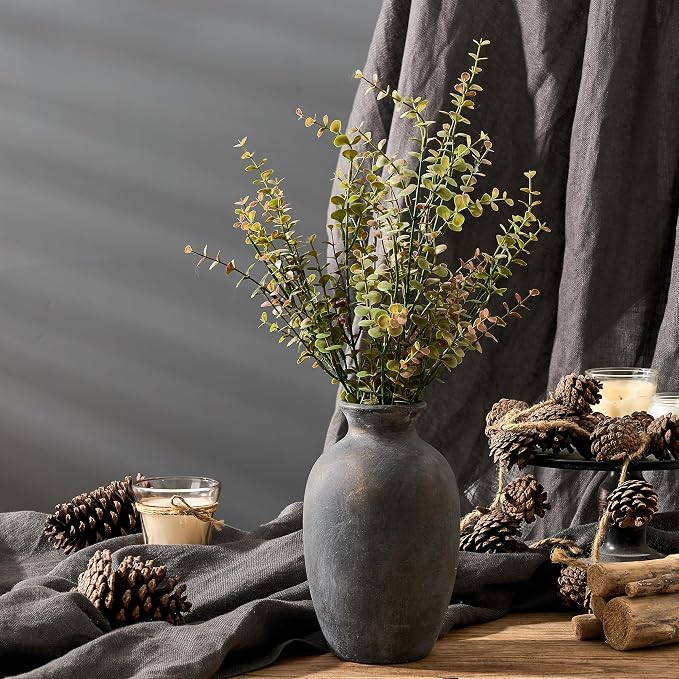 PORCER Ceramic Rustic Flower Vase, 8.38 Inch Vintage Pottery Home Decor, Farmhouse Terracotta Vase for Living Room, Table, Shelf, Mantel Decoration, Farmhouse - Black Bronze