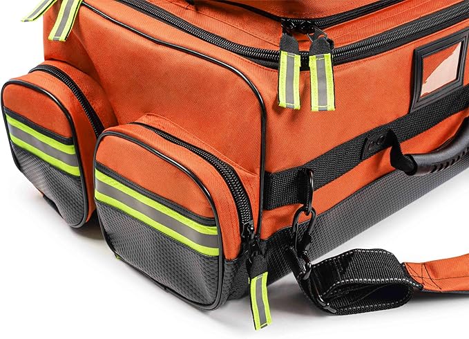 Scherber Fully Stocked First Responder Ultimate Professional EMT/EMS Trauma Kit | HSA/FSA Approved | w/10+ Compartments, Zippered Pockets, Dividers, Oxygen Access & 260+ First Aid Supplies (Orange)