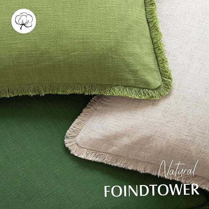 Foindtower Set of 2 Decorative Linen Fringe Throw Pillow Covers Cozy Boho Farmhouse Cushion Cover with Tassels Soft Accent Pillowcase for Couch Sofa Bed Living Room Home Decor,22×22 Inch,Forest Green
