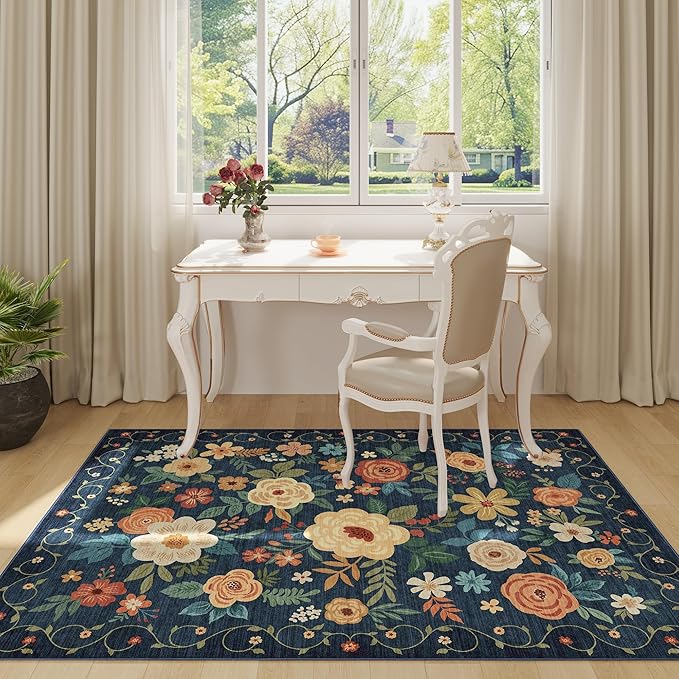 DUKINO 4x6 Area Rug, Floral Washable Office Chair Rug Non Slip, Navy Blue | Low Pile, Stain Resistant, Soft Indoor Rug for Bedroom, Living Room, Dining Room, Kids Room, Pet Friendly, Modern Home Decor