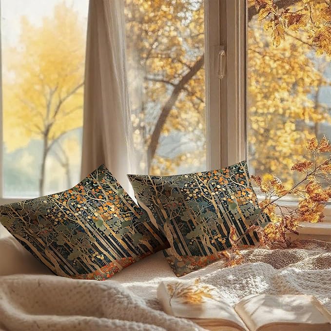 Rustic Autumn Forest William Morris Inspired Pillow Covers 20x20 Set of 2, Fall Home Room Decor, Vintage Botanical NatureDecorative Throw Pillow Covers for Home Bedroom Living Room