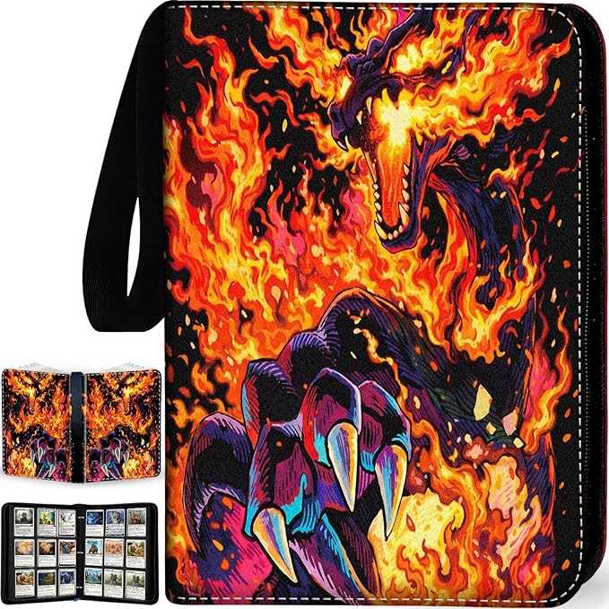 1008 Card Binder 9 Pocket, 3-Ring Trading Card Binder with 56 Page Removable Sleeves, High Storage Waterproof Trading Card Holder Collection Card Album Organizer Case for TCG Cards-Fire Dragon