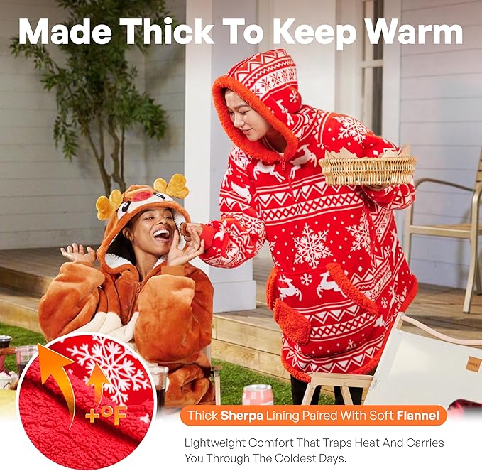 Giggling Getup Wearable Blanket Hoodie for Adults Gifts for Teen Girls Sister Women Sherpa Fleece Printed Hooded Blanket Sweatshirt Warm Cozy with Pocket & Sleeves Red Christmas Reindeer