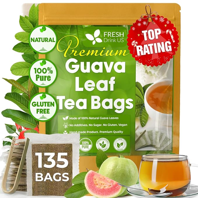 FreshDrinkUS, Premium 135 Guava Leaf Tea Bags, Handmade, From Great Origin, 100% Natural and Pure. Guava Tea, Loose Leaf Herbal Tea. No Sugar/Caffeine/Gluten, Vegan.