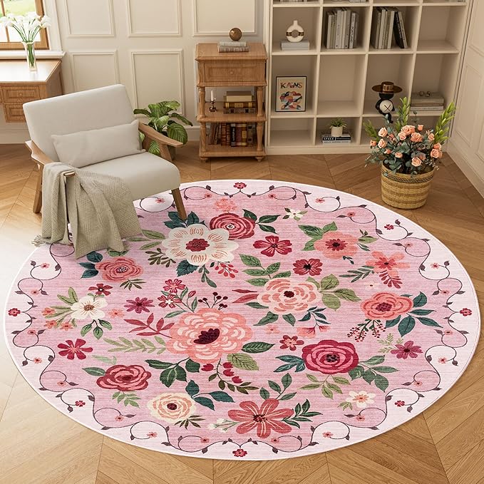 DUKINO 6ft Round Rug, Soft Washable Circle Rug for Bedroom Non Slip, Pink | Low Pile, Stain Resistant Indoor Rug for Living Room, Dining Room, Kids Room, Office, Pet Friendly, Home Decor, Non-Shedding