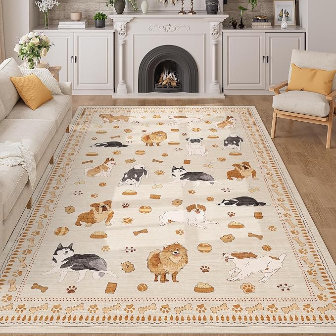 DUKINO 5x7 Area Rugs, Washable Dog Rug for Kids Room Non Slip, Beige Yellow | Low Pile, Stain Resistant, Soft Animal Carpet for Living Room Bedroom Dining Room Farmhouse, Kid & Pet Friendly, Non Shedding