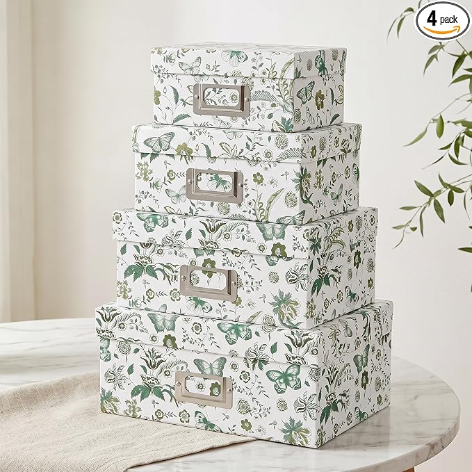 Briful Decorative Storage Boxes with Lids, 4 Pack Green Floral Cardboard Nesting Gifts Boxes with Metal Label Holders, Stackable Keepsake Photo Organizers for Home Closet Shelf Bedroom Office Decor
