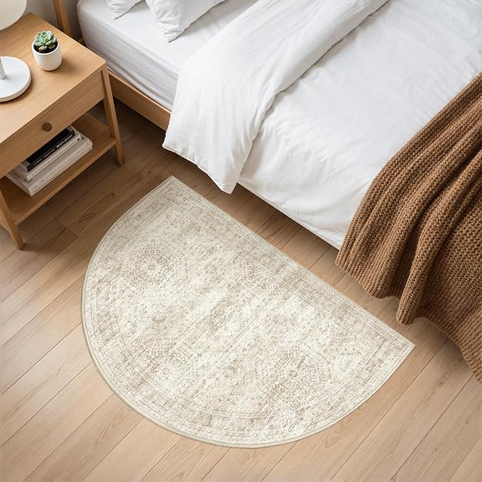 Soalmost Washable Half Circle Round Rug 2x3 Beige Small Half Moon Rug Entry | Non-Slip Vintage Low Pile Throw Door Mat For Bathroom Laundry Powder Room, Stain Resistant Indoor Entrance Semi Floor Carpet