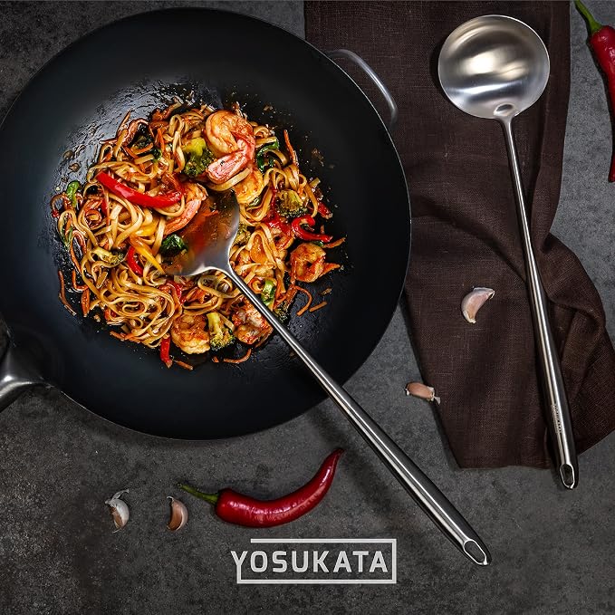YOSUKATA Carbon Steel Wok Pan - 14 “ Woks and Stir Fry Pans With Lid 13.6 Inch - Premium Stainless Cover with Tempered Glass Insert Steam Holes +17’’ Spatula and Ladle